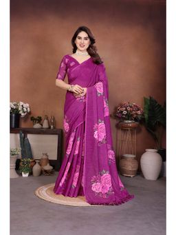 AMRUTKALA SAREES - Purple Designer Cotton Silk Printed Saree with Unstitched Blouse