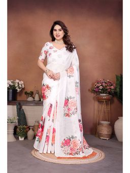 AMRUTKALA SAREES - White Designer Cotton Silk Printed Saree with Unstitched Blouse