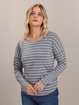 U.S. POLO ASSN. - Women Grey Bateau Neck Stylized Back Horizontal Striped Top