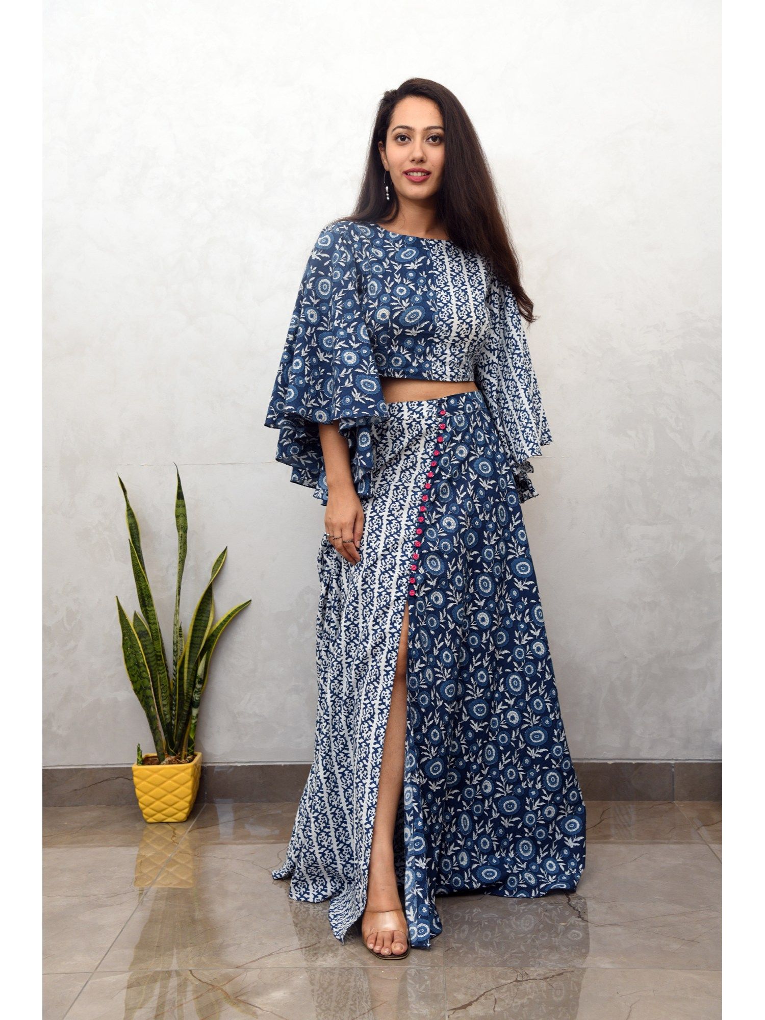 Navy Printed Cotton Top And Skirt (Set of 2)-image-1