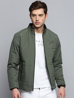 SHOWOFFFF - Men's Solid Double Collar Olive Quilted Jacket