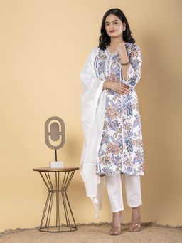 Readiprint - Straight Style Cotton Off White Kurta and Pant with Dupatta (Set of 3)