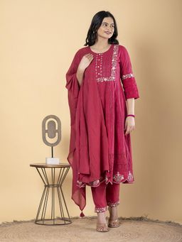 Readiprint - Anarkali Style Cotton Magenta Kurta and Pant with Dupatta (Set of 3)