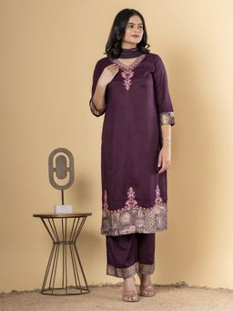 Readiprint - Straight Style Silk Purple Kurta and Pant with Dupatta (Set of 3)