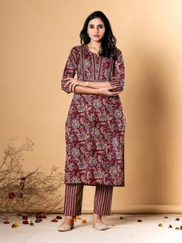 Readiprint - Straight Style Cotton Blend Maroon Kurta And Pant (Set of 2)