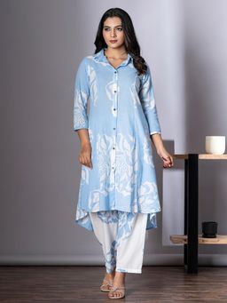 Readiprint - Asymmetrical Style Cotton Blend Blue Kurta And Pant (Set of 2)