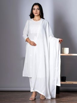 Readiprint - Straight Style Cotton Blend White Kurta And Pant With Dupatta (Set of 3)
