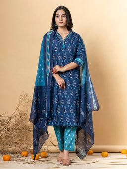 Readiprint - Straight Style Cotton Blend Blue Kurta And Pant With Dupatta (Set of 3)