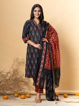 Readiprint - Straight Style Cotton Blend Black Kurta And Pant With Dupatta (Set of 3)