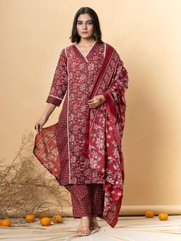 Readiprint - Straight Style Cotton Flex Maroon Kurta And Pant With Dupatta (Set of 3)