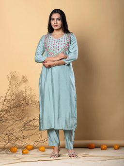 Readiprint - Straight Style Silk Blend Blue Kurta And Pant (Set of 2)