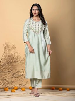 Readiprint - Straight Style Silk Blend Green Kurta And Pant (Set of 2)