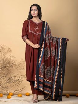 Readiprint - A Line Style Cotton Blend Brown Kurta And Pant With Dupatta (Set of 3)