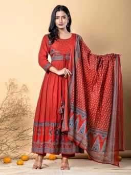 Readiprint - Anarkali Style Cotton Red Kurta And Pant With Dupatta (Set of 3)