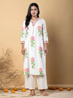 Readiprint - Straight Style Cotton Flex Off White Kurta And Pant (Set of 2)