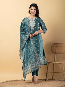 Readiprint - Straight Style Silk Green Kurta and Pant with Dupatta (Set of 3)