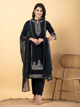 Readiprint - Straight Style Silk Black Kurta and Pant with Dupatta (Set of 3)