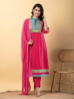 Readiprint - A Line Style Silk Pink Kurta and Pant with Dupatta (Set of 3)