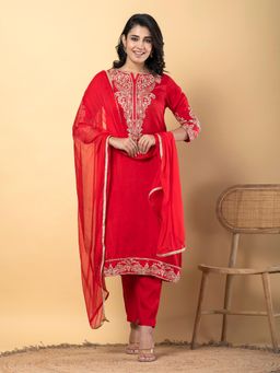 Readiprint - Straight Style Silk Red Kurta and Pant with Dupatta (Set of 3)