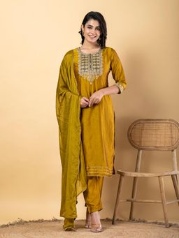 Readiprint - Straight Style Silk Mustard Kurta and Pant with Dupatta (Set of 3)