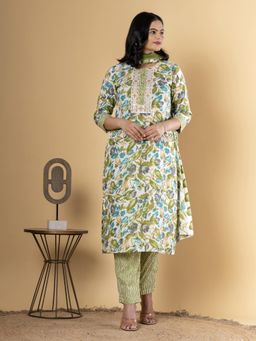 Readiprint - Straight Style Cotton Blend Green Kurta And Pant With Dupatta (Set of 3)