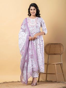 Readiprint - Anarkali Style Cotton Lavender Kurta And Pant With Dupatta (Set of 3)