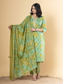 Readiprint - Straight Style Cotton Blend Green Kurta And Pant With Dupatta (Set of 3)