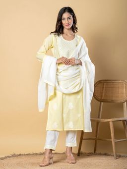 Readiprint - Straight Style Cotton Blend Yellow Kurta And Pant With Dupatta (Set of 3)