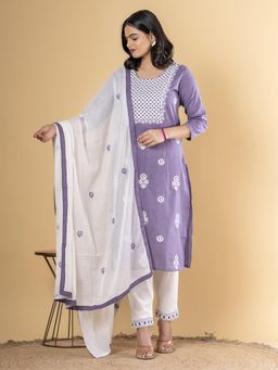 Readiprint - Straight Style Cotton Blend Purple Kurta And Pant With Dupatta (Set of 3)