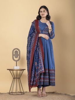 Readiprint - Anarkali Style Cotton Blue Kurta and Pant with Dupatta (Set of 3)