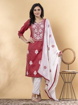 Readiprint - Straight Style Cotton Red Kurta and Pant with Dupatta (Set of 3)
