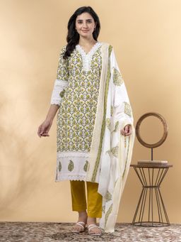 Readiprint - Straight Style Cotton Yellow Kurta and Pant with Dupatta (Set of 3)