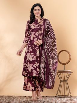 Readiprint - A Line Style Cotton Wine Kurta and Palazzo with Dupatta (Set of 3)