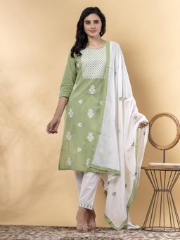 Readiprint - Straight Style Cotton Green Kurta and Pant with Dupatta (Set of 3)