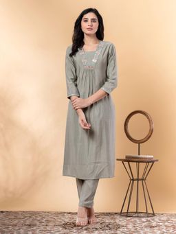 Readiprint - Straight Style Silk Grey Kurta and Pant (Set of 2)