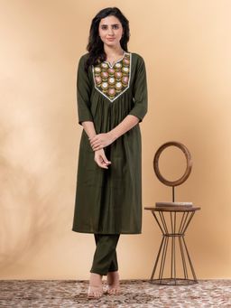 Readiprint - Straight Style Silk Green Kurta and Pant (Set of 2)