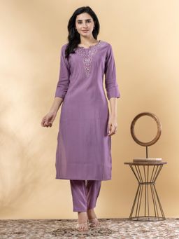 Readiprint - Straight Style Silk Purple Kurta and Pant (Set of 2)