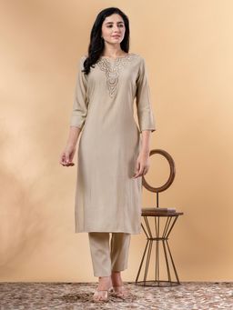 Readiprint - Straight Style Silk Beige Kurta and Pant (Set of 2)