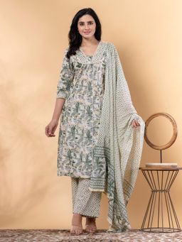 Readiprint - A Line Style Cotton Green Kurta and Pant with Dupatta (Set of 3)
