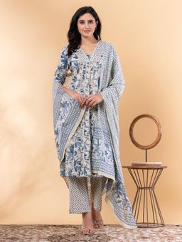 Readiprint - A Line Style Cotton Blue Kurta and Pant with Dupatta (Set of 3)