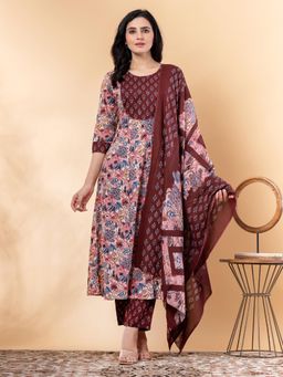 Readiprint - Anarkali Style Cotton Blend Maroon Kurta and Pant with Dupatta (Set of 3)
