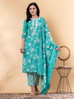 Readiprint - Straight Style Cotton Blend Sea Green Kurta and Pant with Dupatta (Set of 3)
