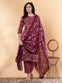 Readiprint - Straight Style Cotton Blend Maroon Kurta and Pant with Dupatta (Set of 3)