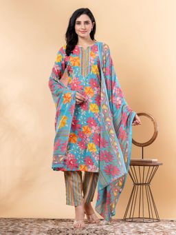 Readiprint - Straight Style Cotton Blend Turquoise Kurta and Pant with Dupatta (Set of 3)