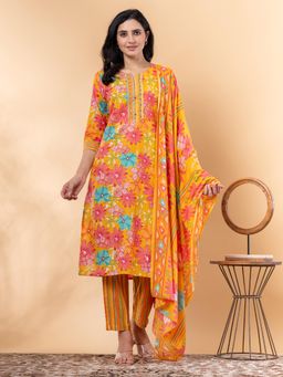 Readiprint - Straight Style Cotton Blend Yellow Kurta and Pant with Dupatta (Set of 3)