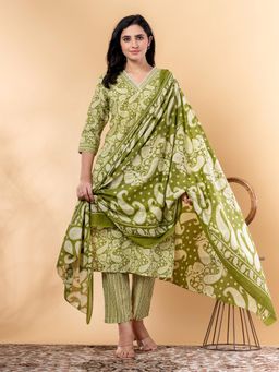 Readiprint - Straight Style Cotton Blend Green Kurta and Pant with Dupatta (Set of 3)
