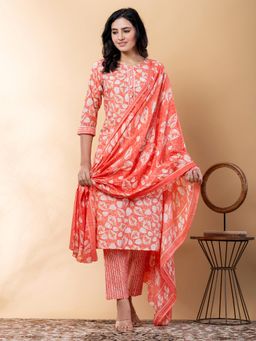 Readiprint - Straight Style Cotton Blend Orange Kurta and Pant with Dupatta (Set of 3)