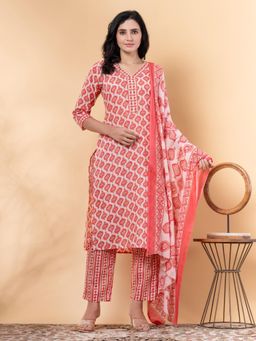 Readiprint - Straight Style Cotton Blend Red Kurta and Pant with Dupatta (Set of 3)