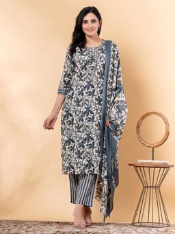 Readiprint - Straight Style Cotton Blend Grey Kurta and Pant with Dupatta (Set of 3)