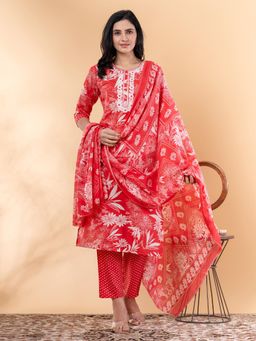 Readiprint - Straight Style Cotton Blend Red Kurta and Pant with Dupatta (Set of 3)